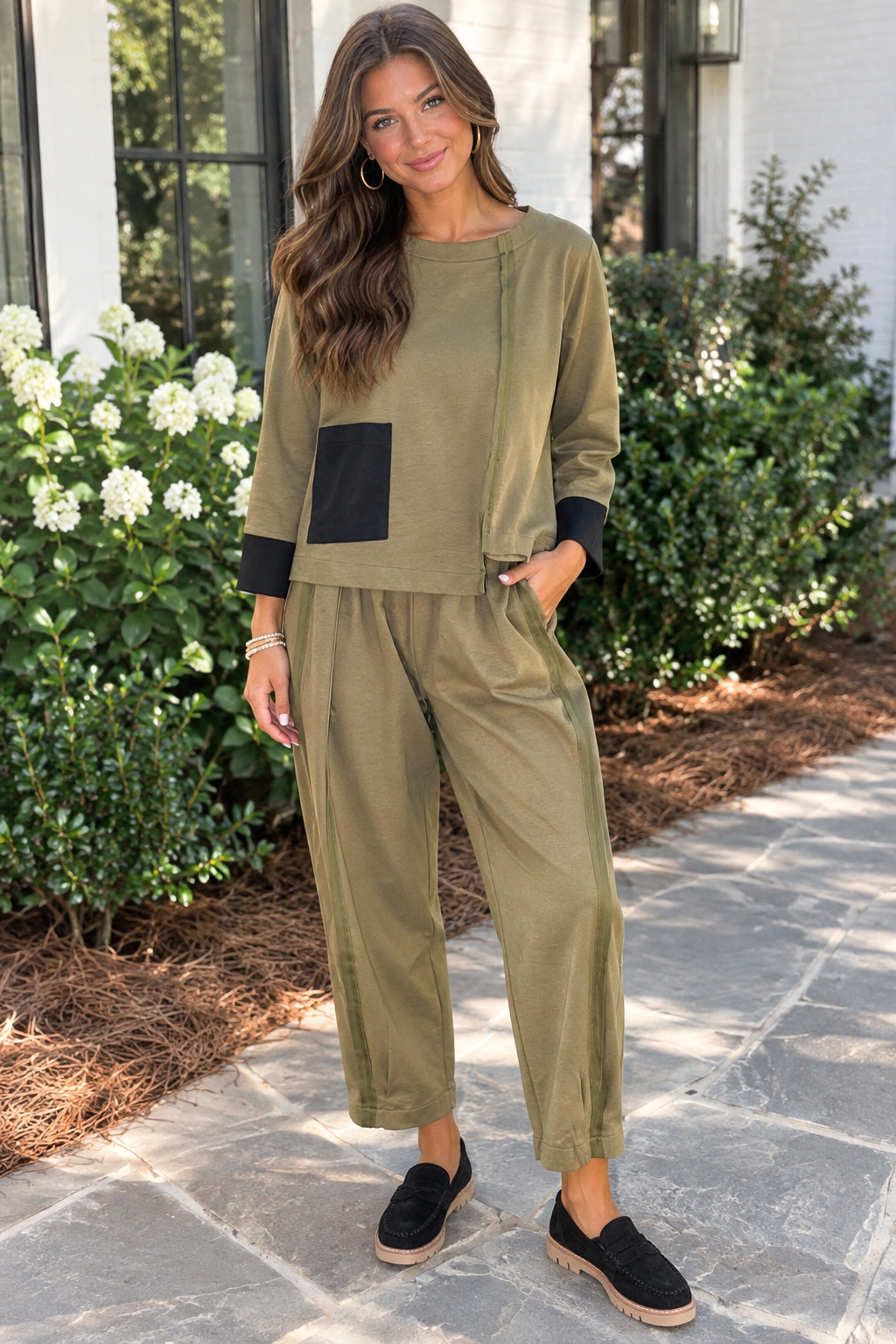 Terra olive with black accents pants and top