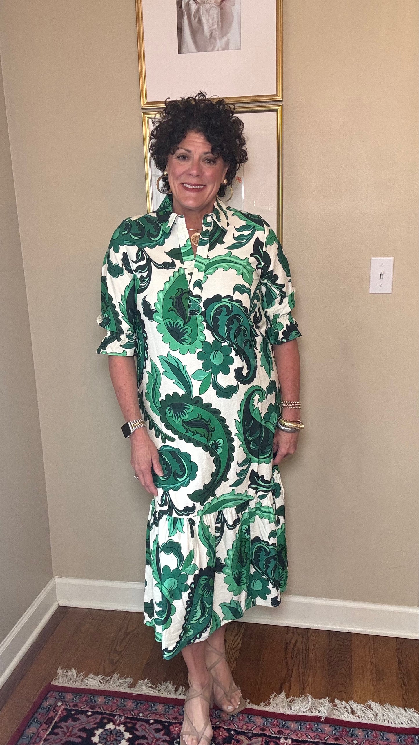 BOHO CHIC Cream & Shades of Green Maxi Dress