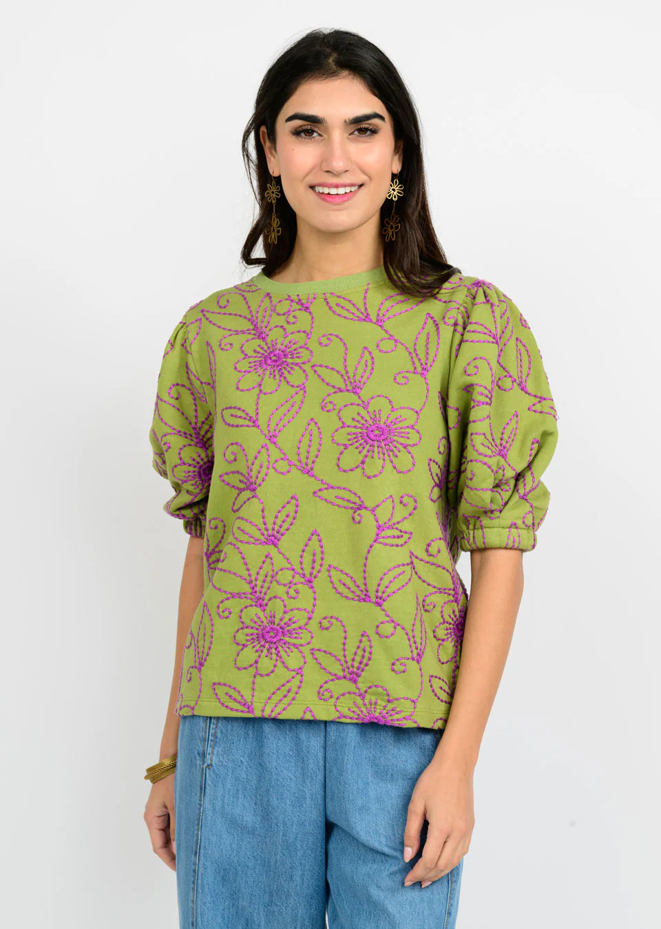 Sister Mary Green Top w/ Purple Embroidery