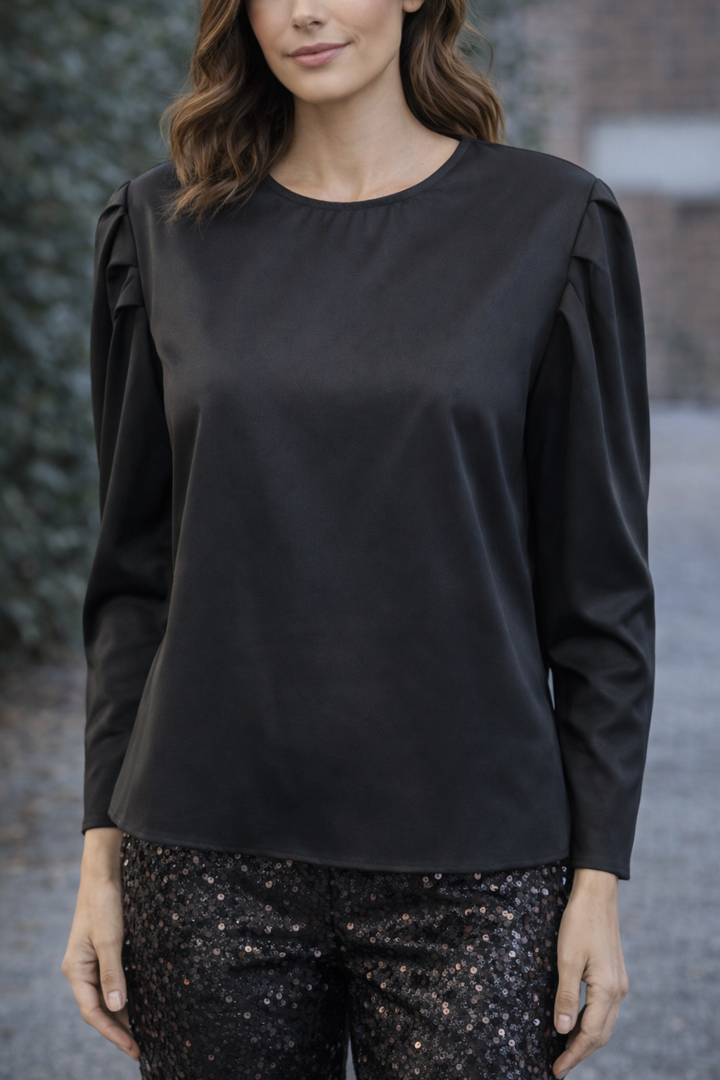 Weavz Black Satin Top with Pleated Shoulder