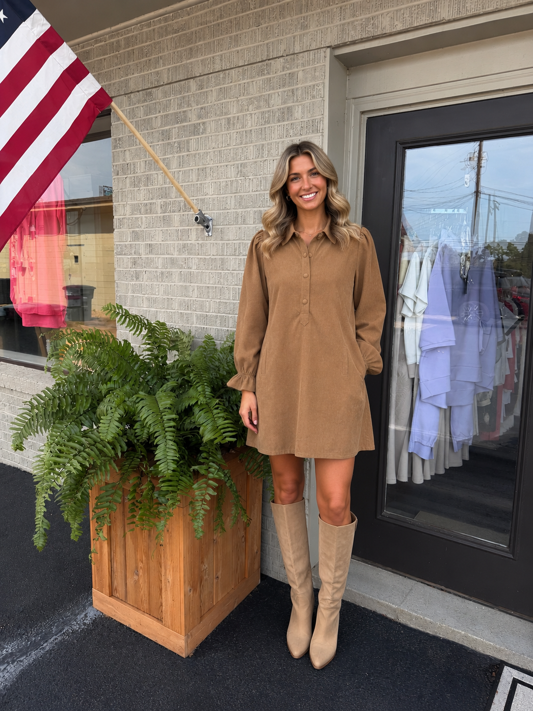 Joy Joy Taupe Placket Collar Dress