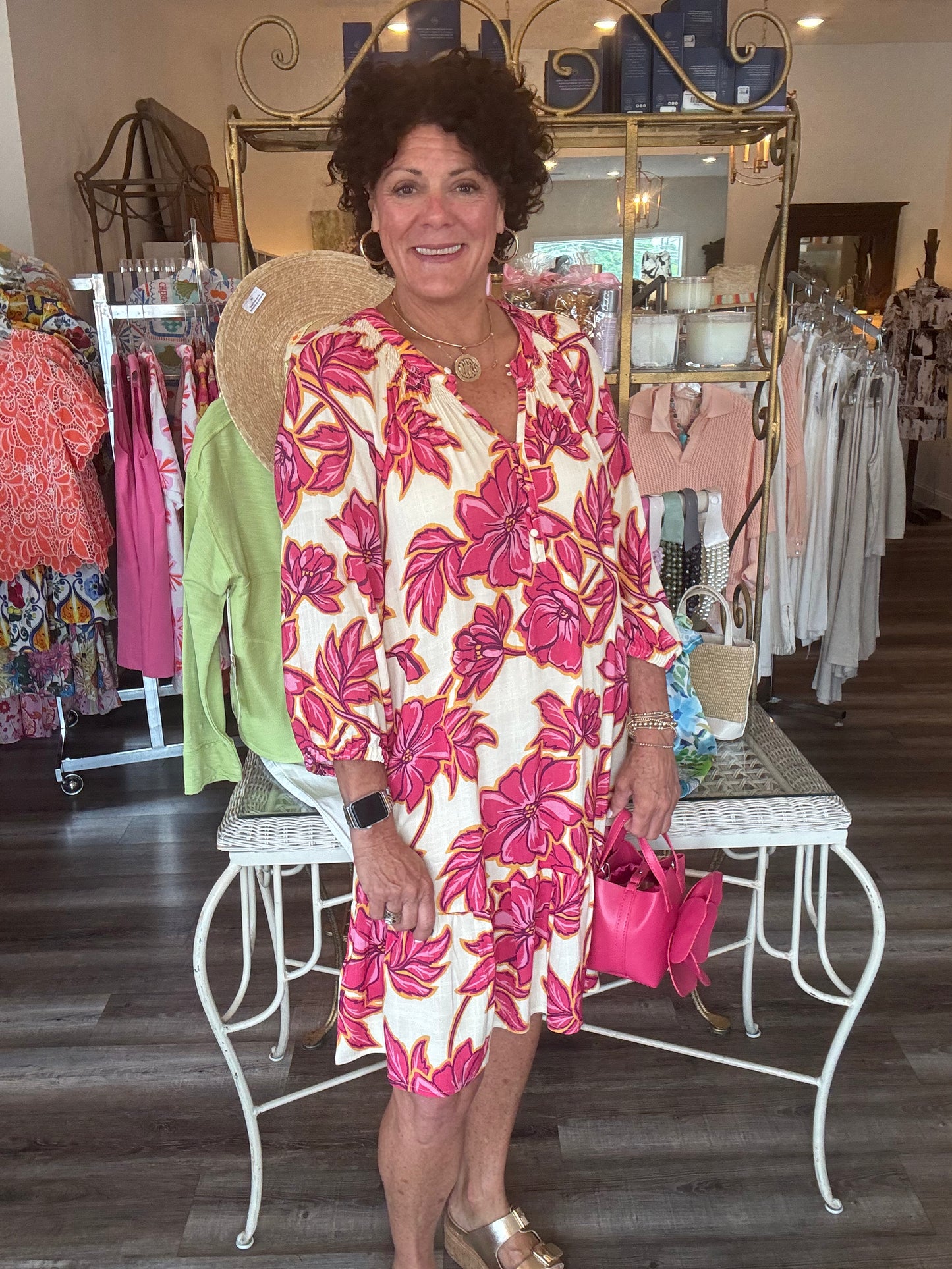 Tribal 3/4 Sleeve Button Front Dress (Pinkglow)