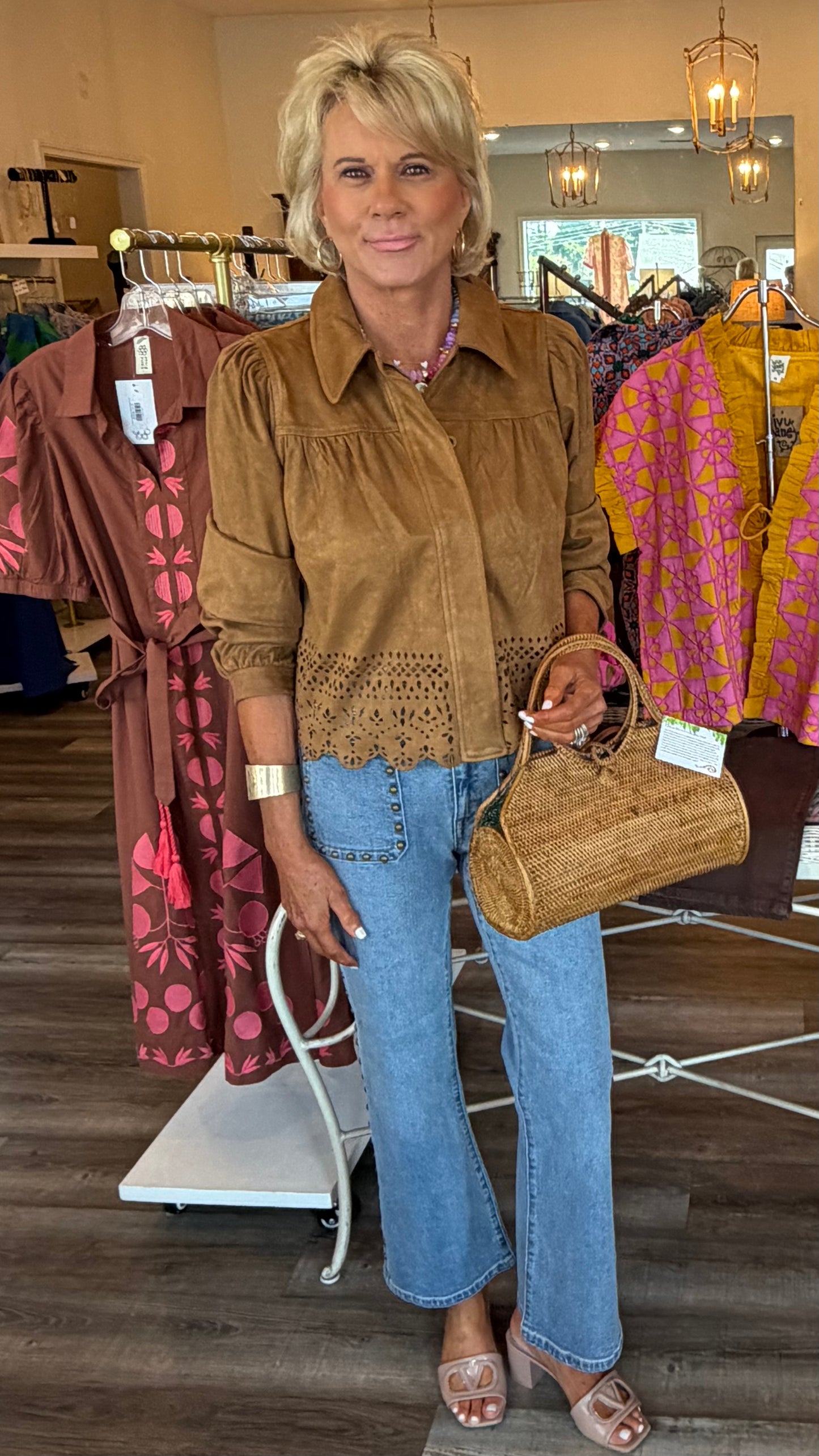 Liverpool Puff sleeve jacket w/ laser cut hem (caramel)