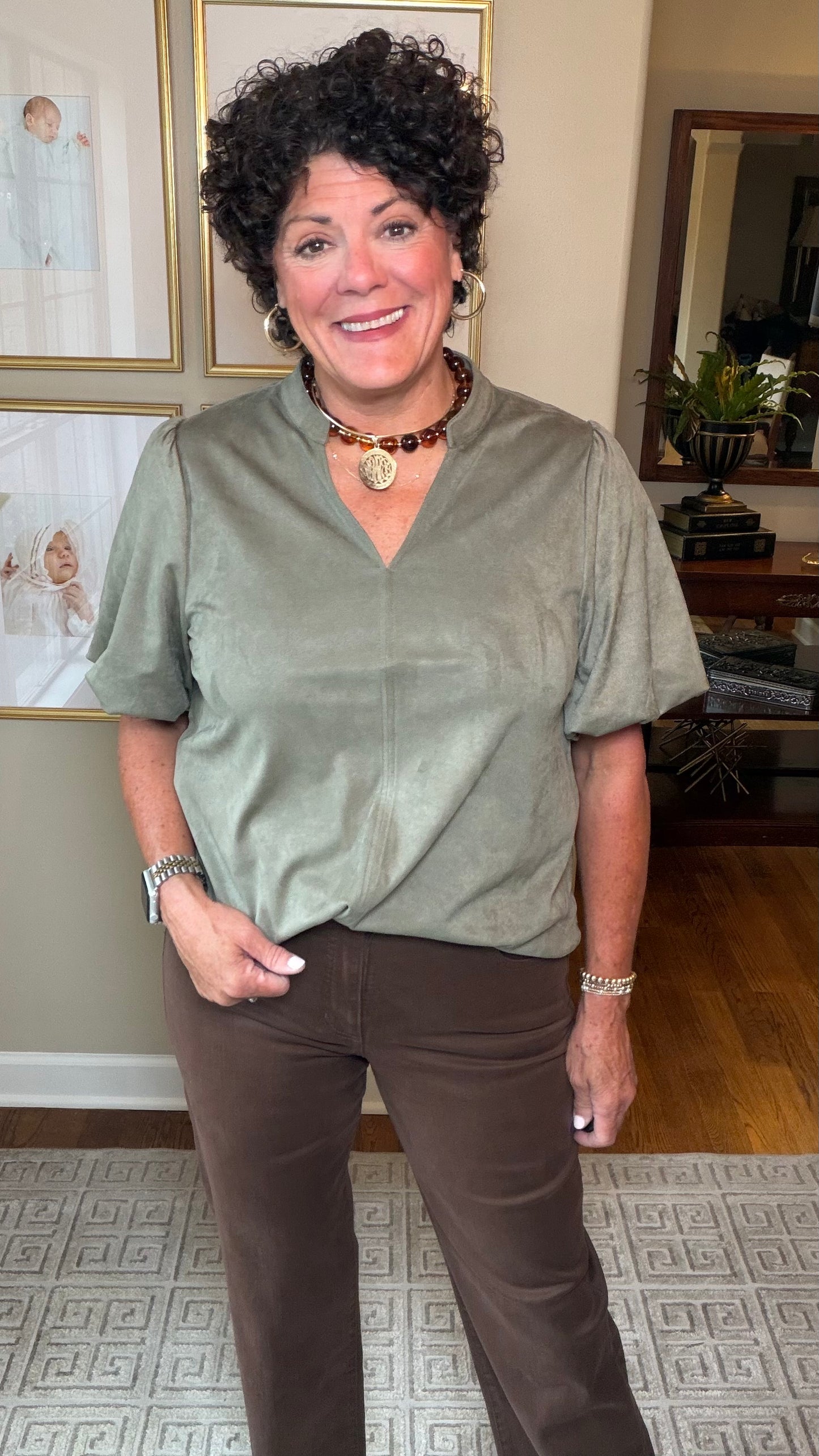 Ivy Jane Faux Suede Poof Sleeve Top