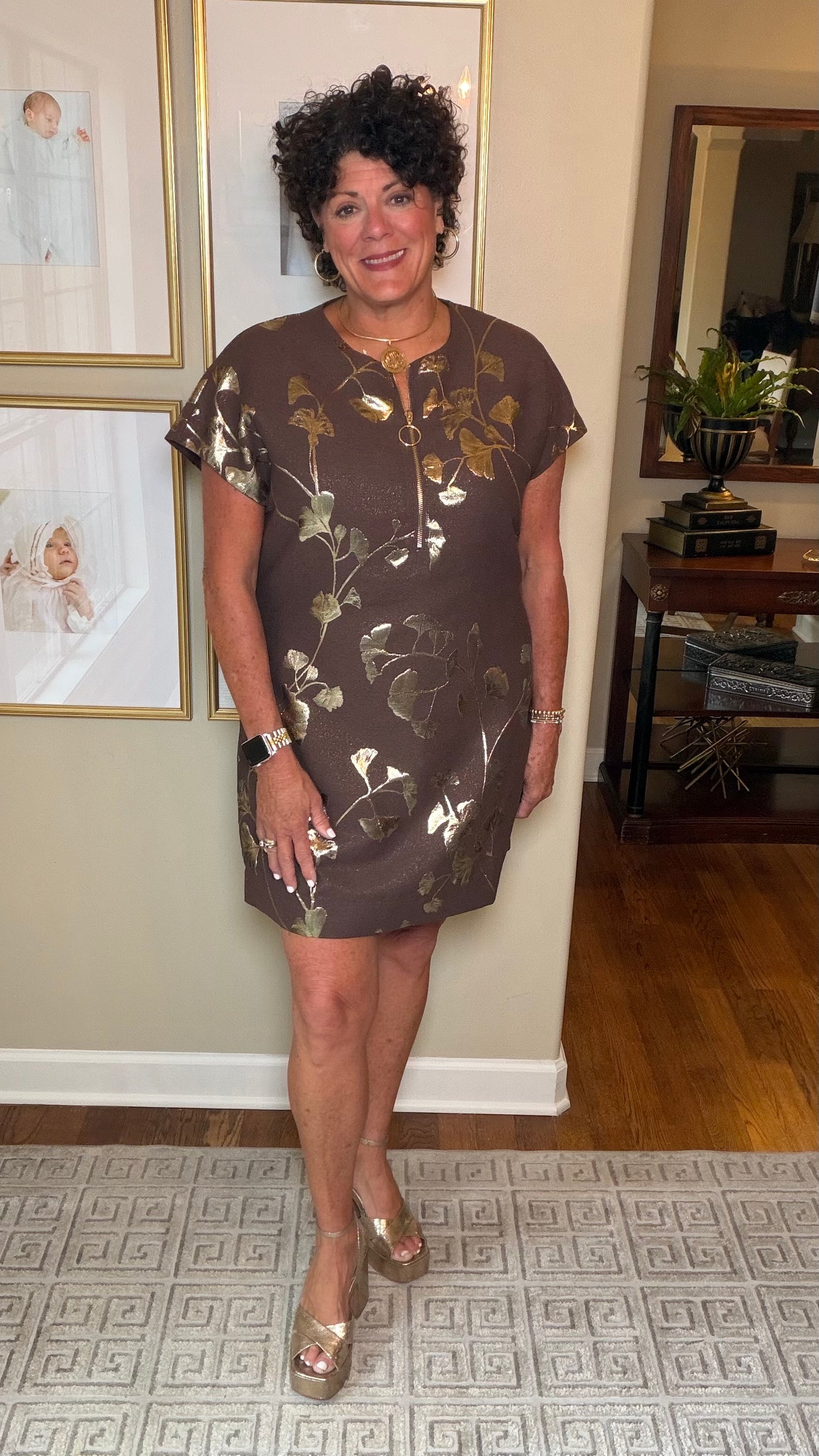 Jade Zipper Shift Dress in brown and gold