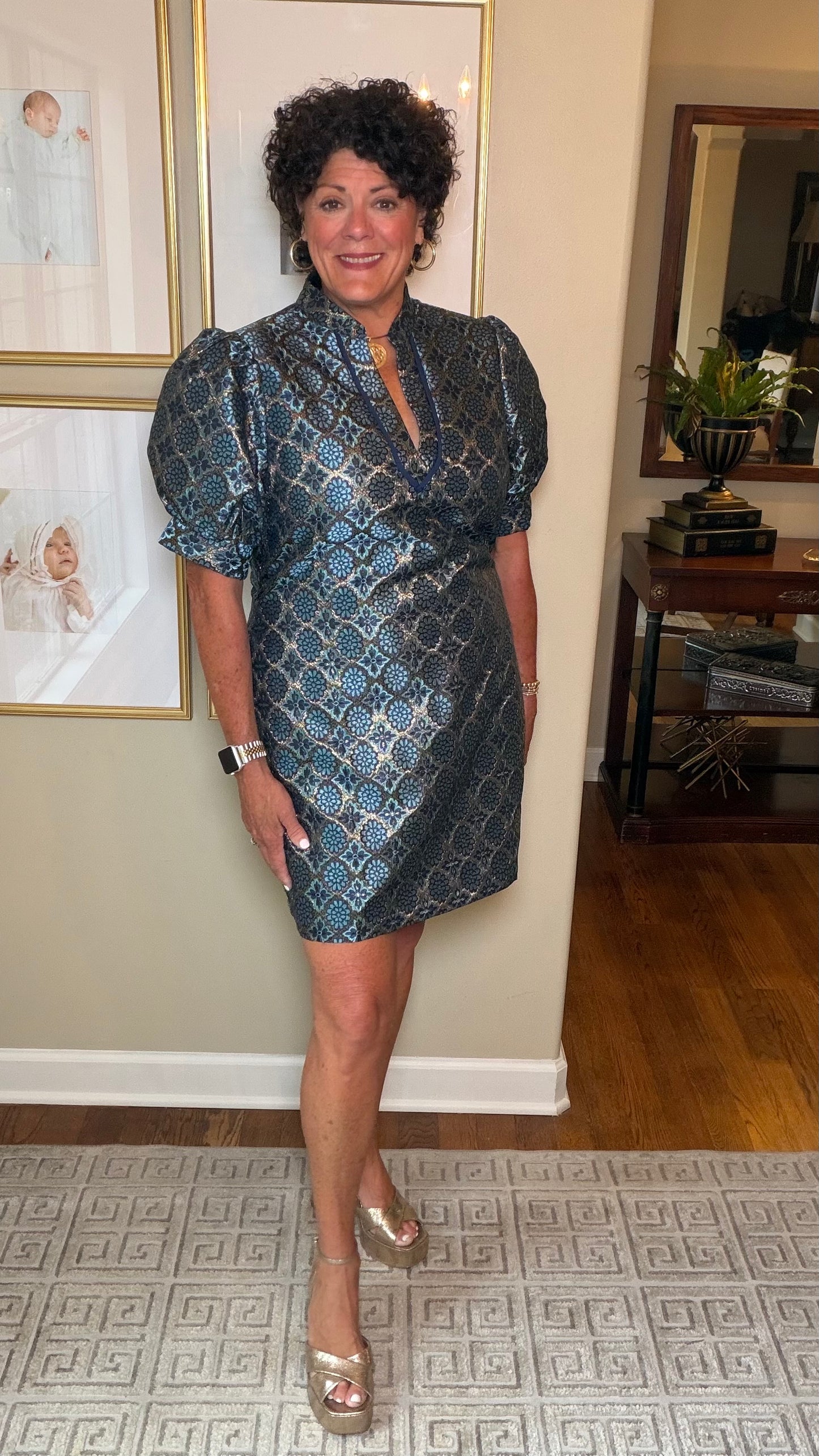 Jade Vneck dress in Blue and Gold