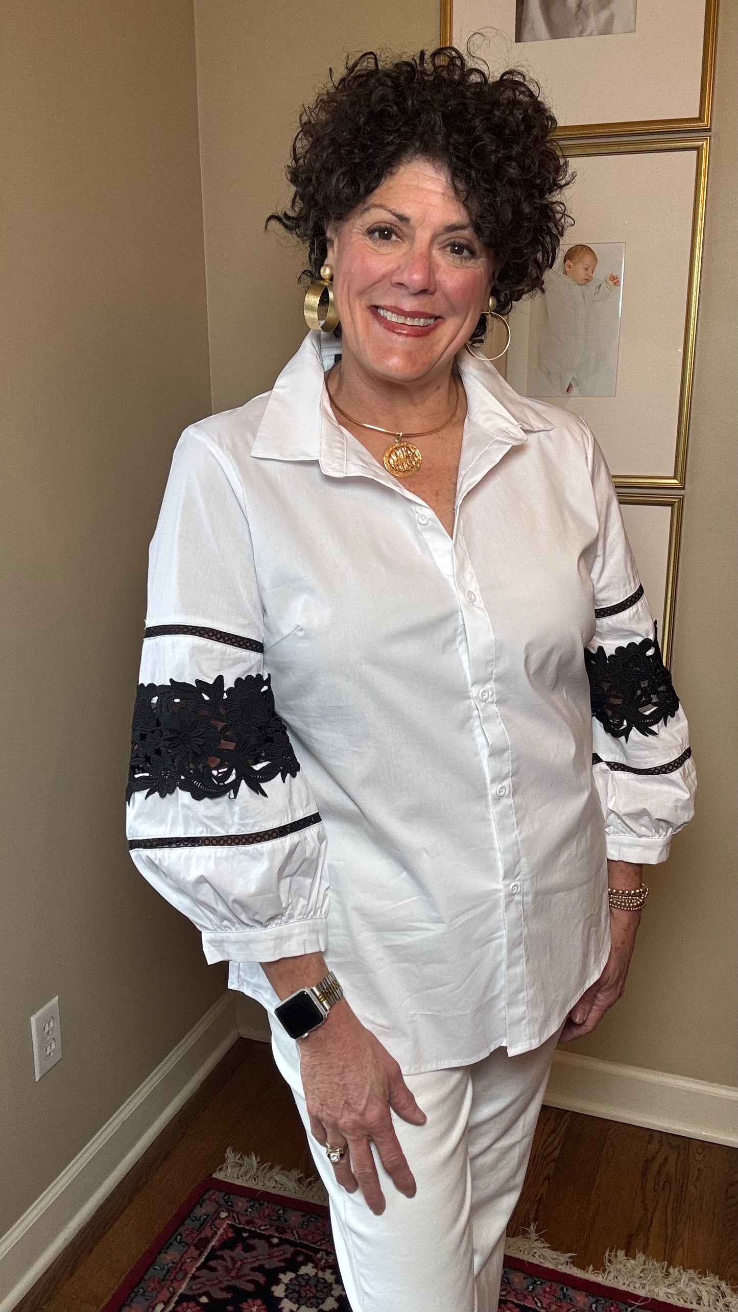 A.Z.I. White Top with Black Lace Sleeve Insert