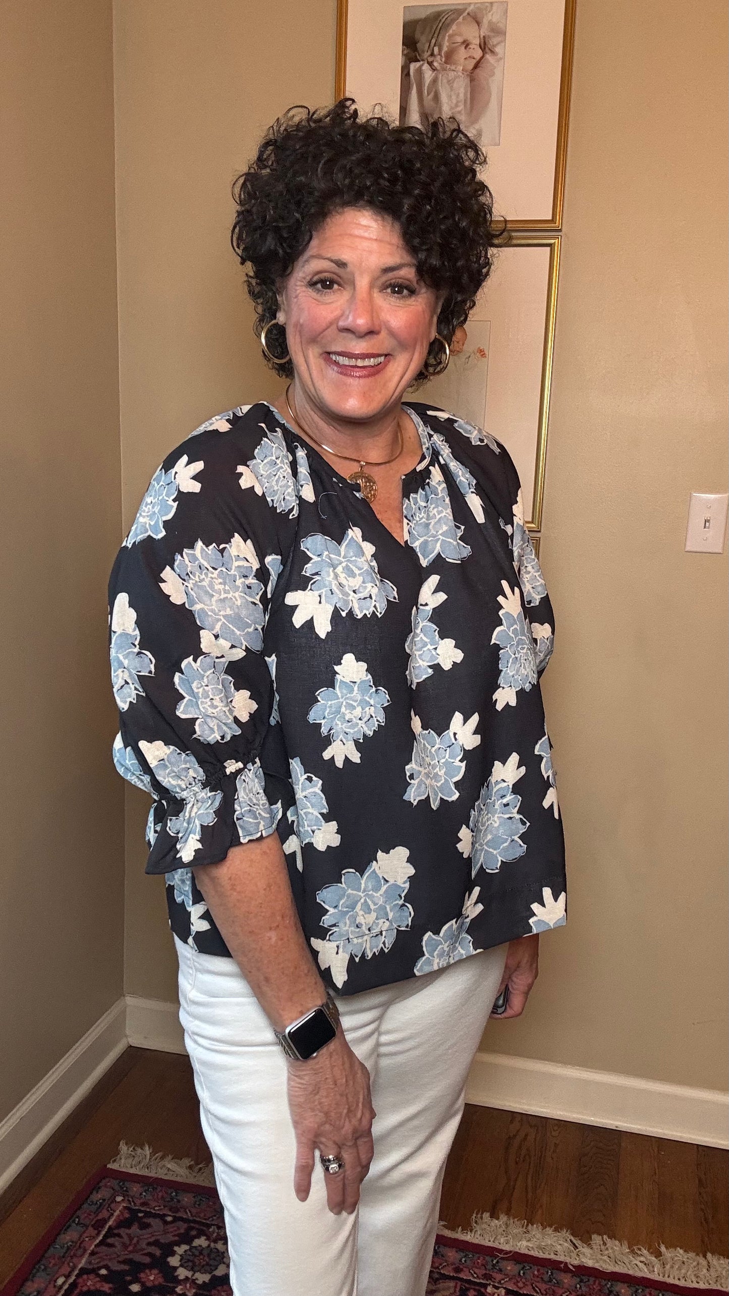 JOY JOY Midnight Floral Peasant Top