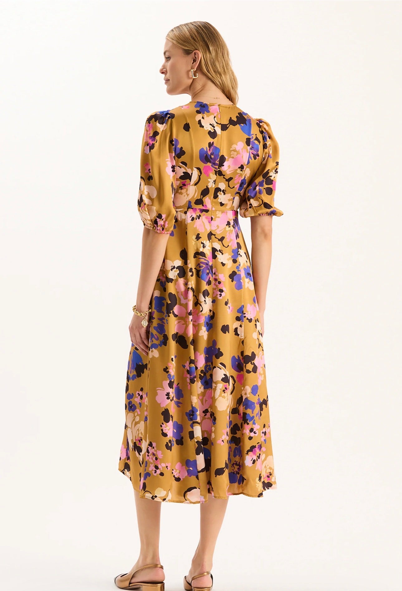 Tyler Boe Gold Floral Satin Dress