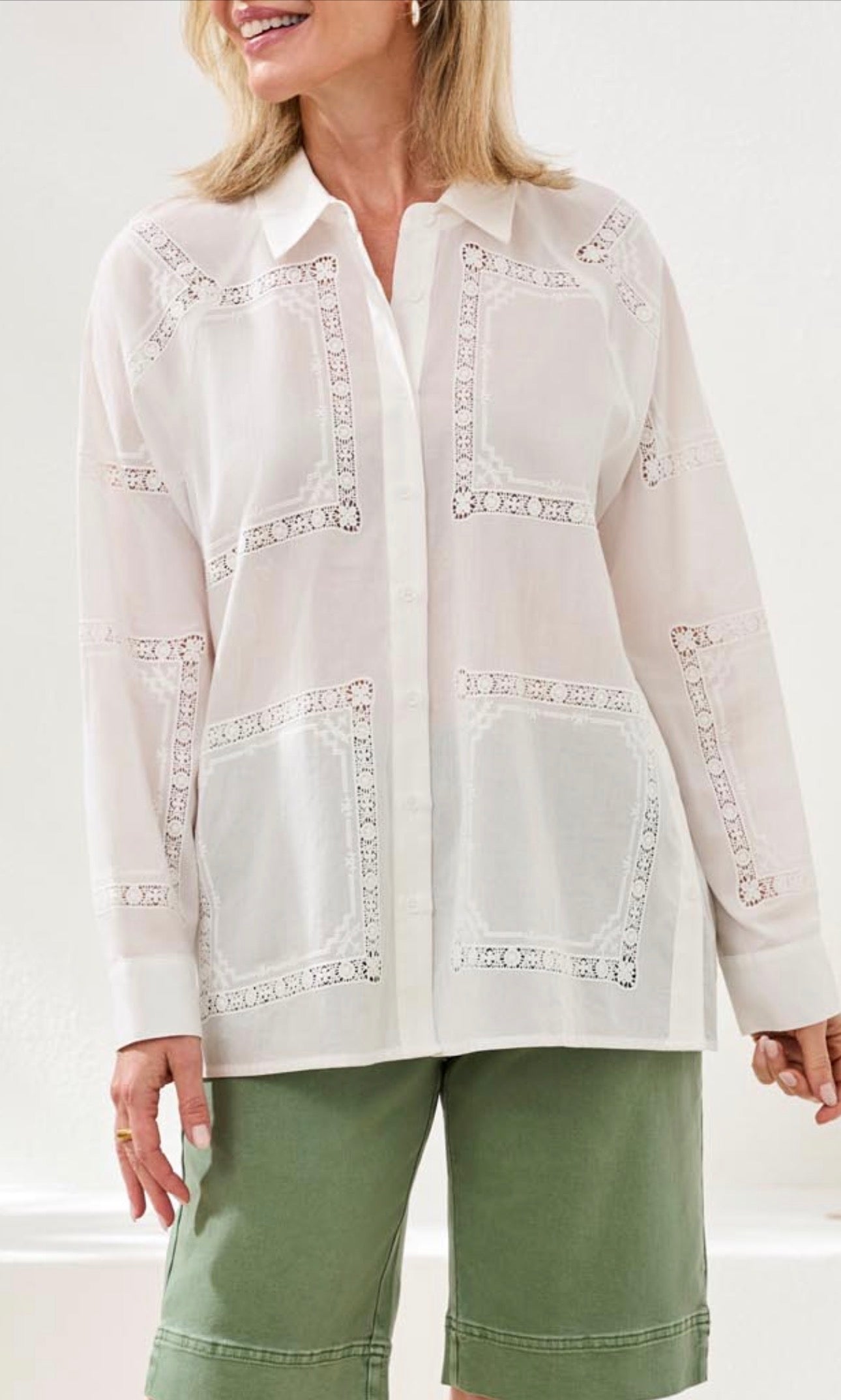 Tribal Long Sleeve Front Button Blouse (White)