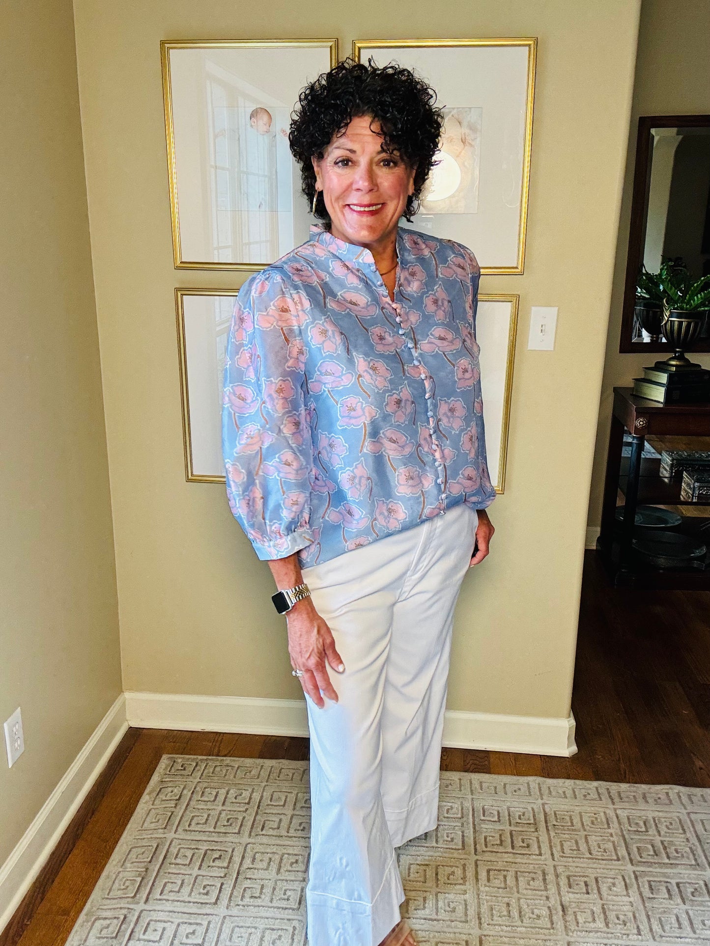 Jade blue poppy sky stand up collar with buttons top