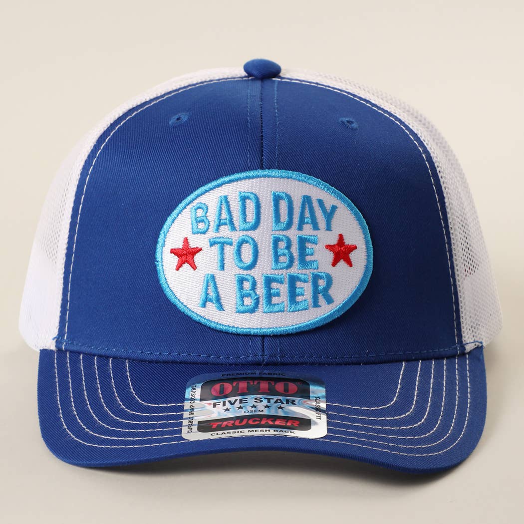 BAD DAY TO BE A BEER Embroidered Patch Trucker Hat: Red/Red/Wht / One Size