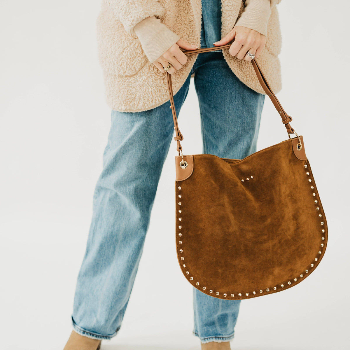 Rosalie Rivet Suede Hobo Bag: Camel