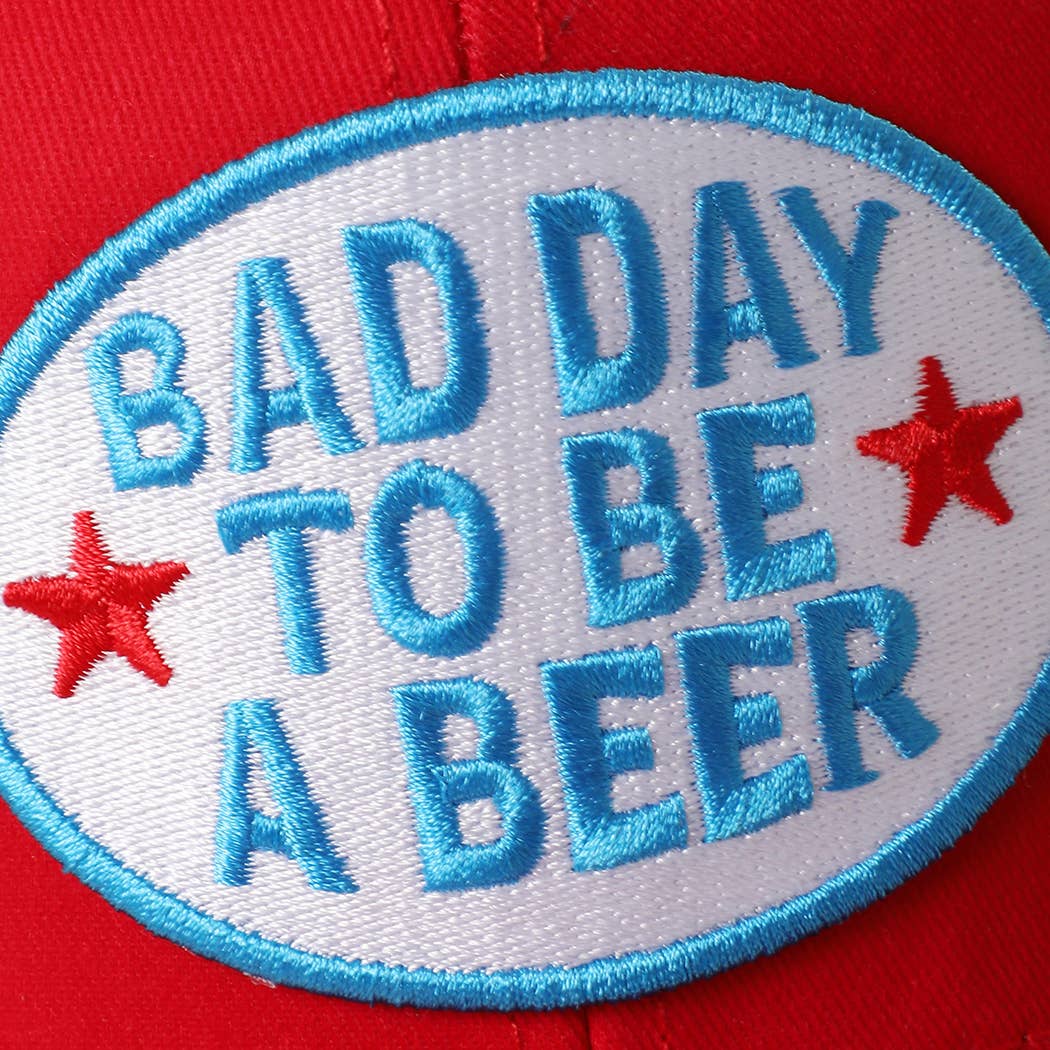 BAD DAY TO BE A BEER Embroidered Patch Trucker Hat: Red/Red/Wht / One Size
