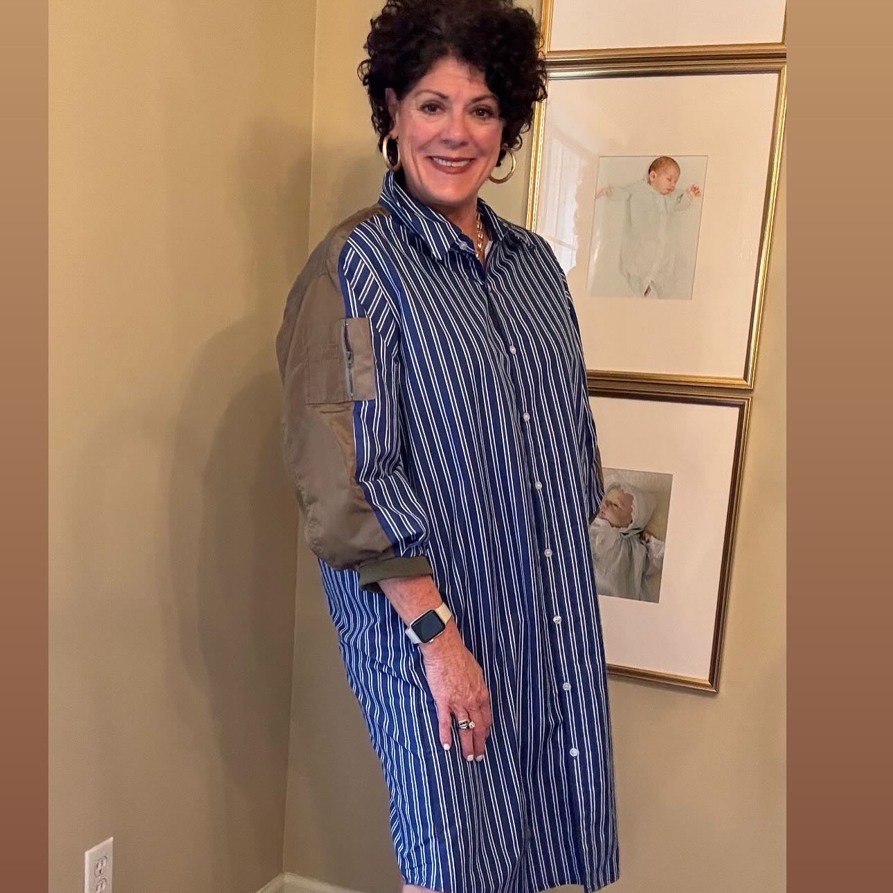 Joh Blue Striped Dress with Olive Green Sleeve Insert