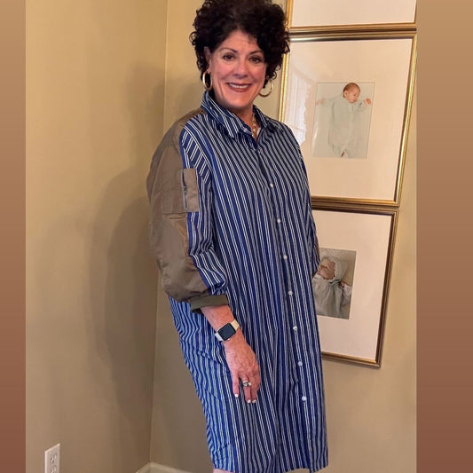 Joh Blue Striped Dress with Olive Green Sleeve Insert