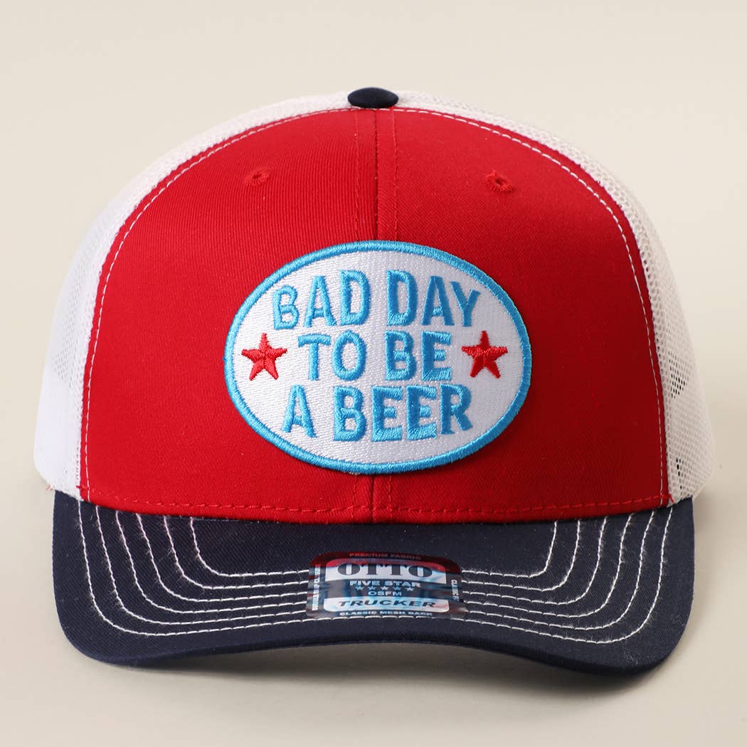BAD DAY TO BE A BEER Embroidered Patch Trucker Hat: Red/Red/Wht / One Size