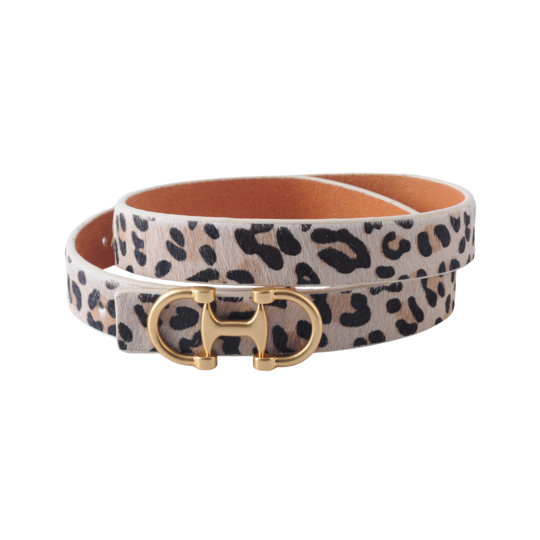 Horsebit Buckle Equestrian Stitched Suede/Napa Leather Belt: Leopard / Medium (M)
