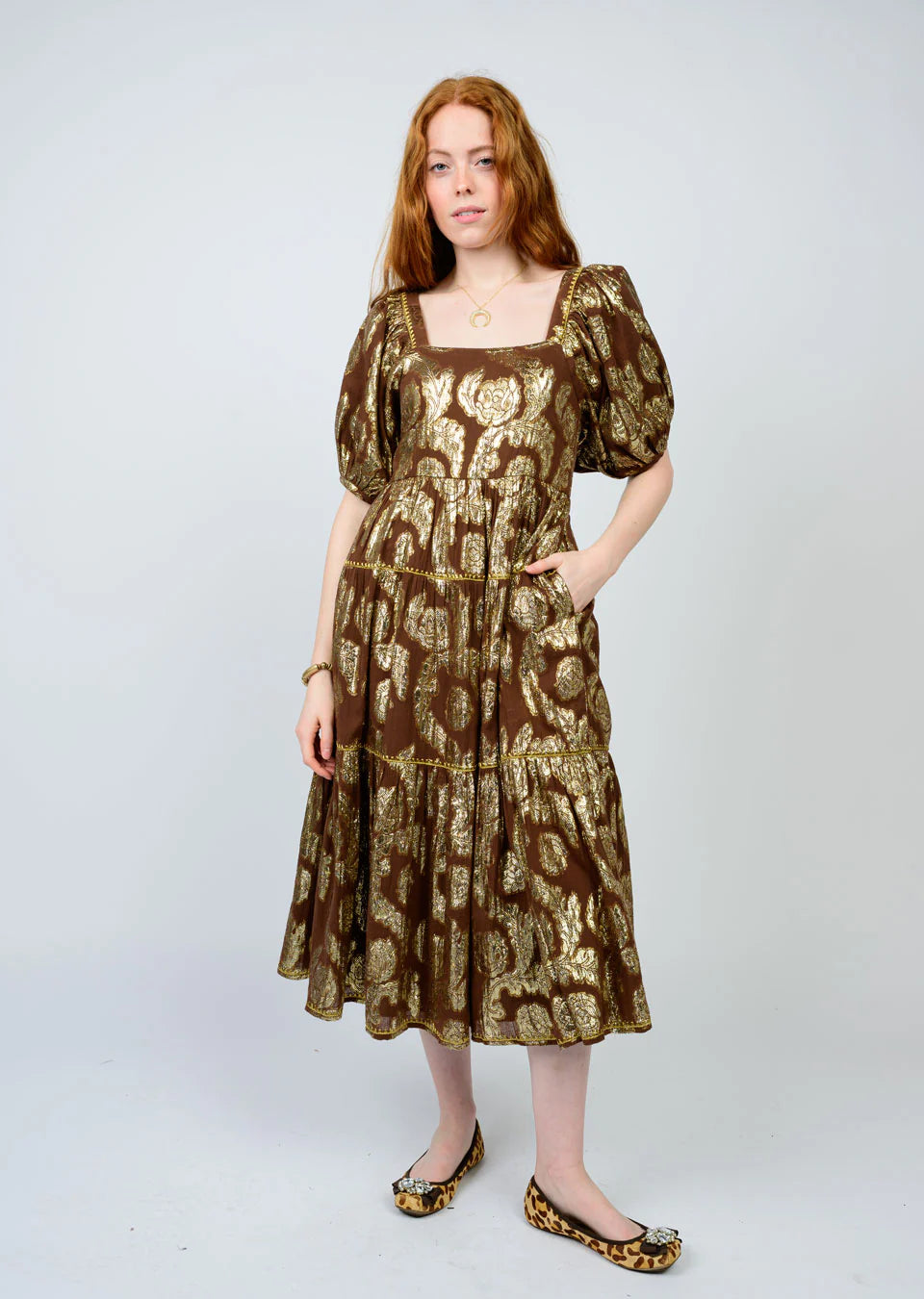 Uncle Frank Metallic Roses Midi Dress