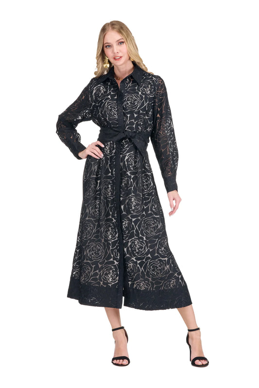 Jade Black Burnout Pleated Shirtdress