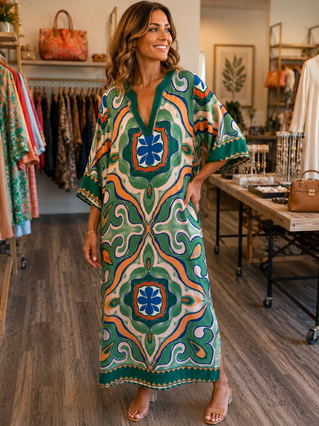 Jade Moroccan Tile Trimmed Maxi Dress