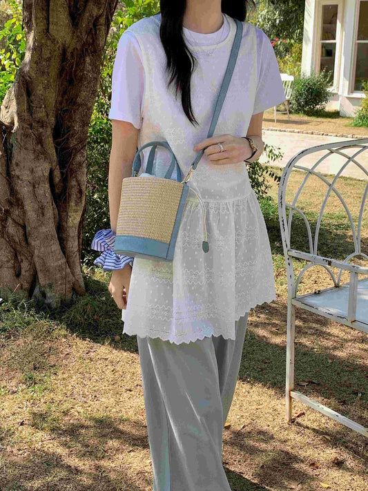 P25035 Straw Bucket/Crossbody Bag: 04 Blue
