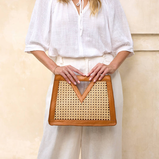 Brown Cane Weave Rattan Triangle Handbag