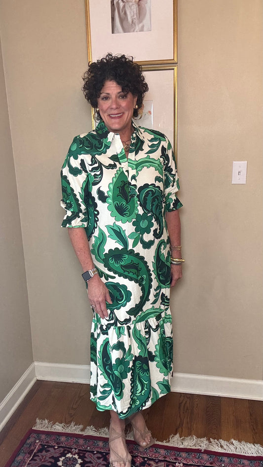 BOHO CHIC Cream & Shades of Green Maxi Dress