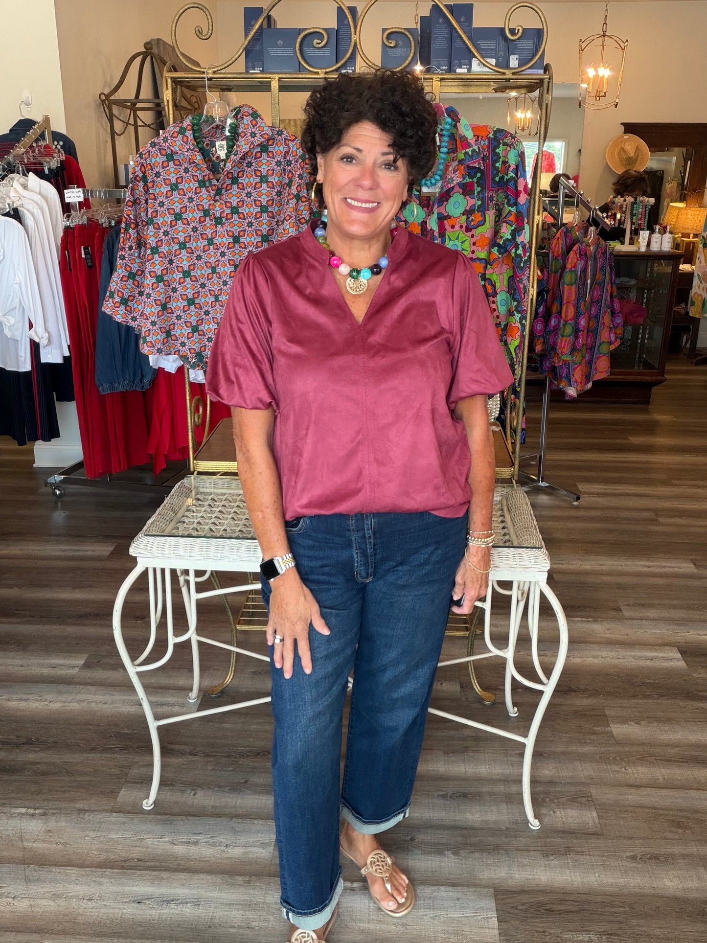 Ivy Jane Faux Suede Poof Sleeve Top (Wine)