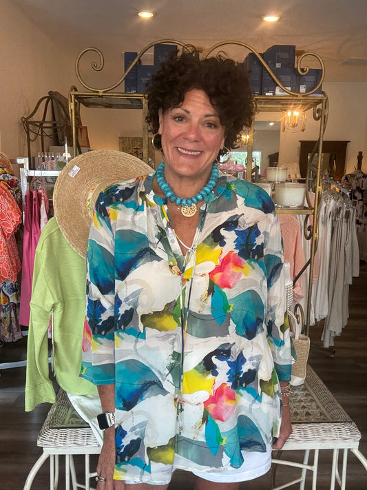 APNY Teal Blue Multi V-Neck Top