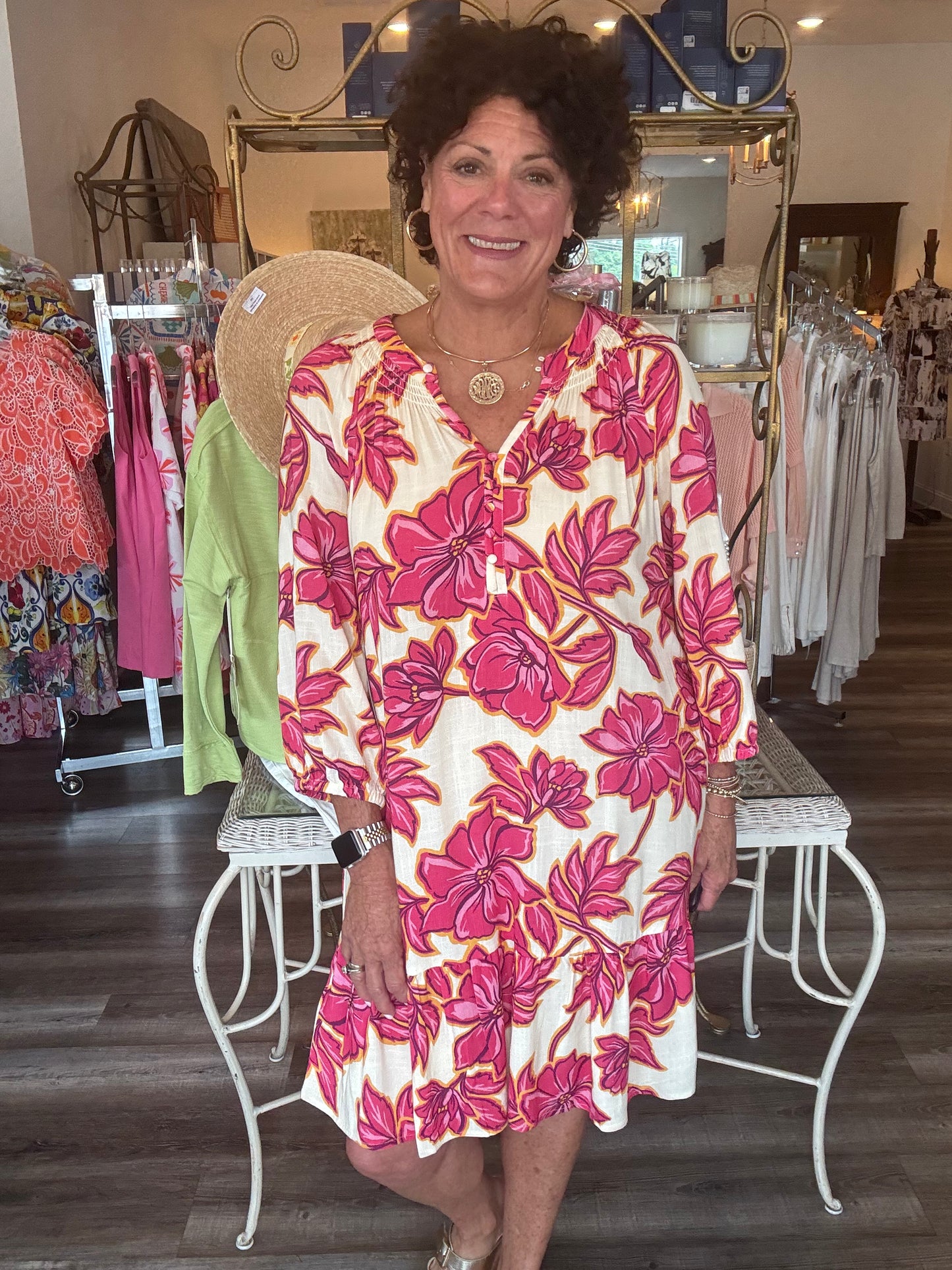 Tribal 3/4 Sleeve Button Front Dress (Pinkglow)