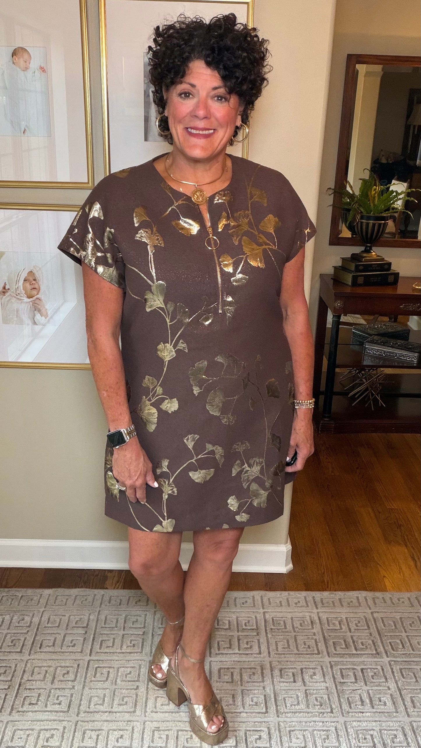 Jade Zipper Shift Dress in brown and gold