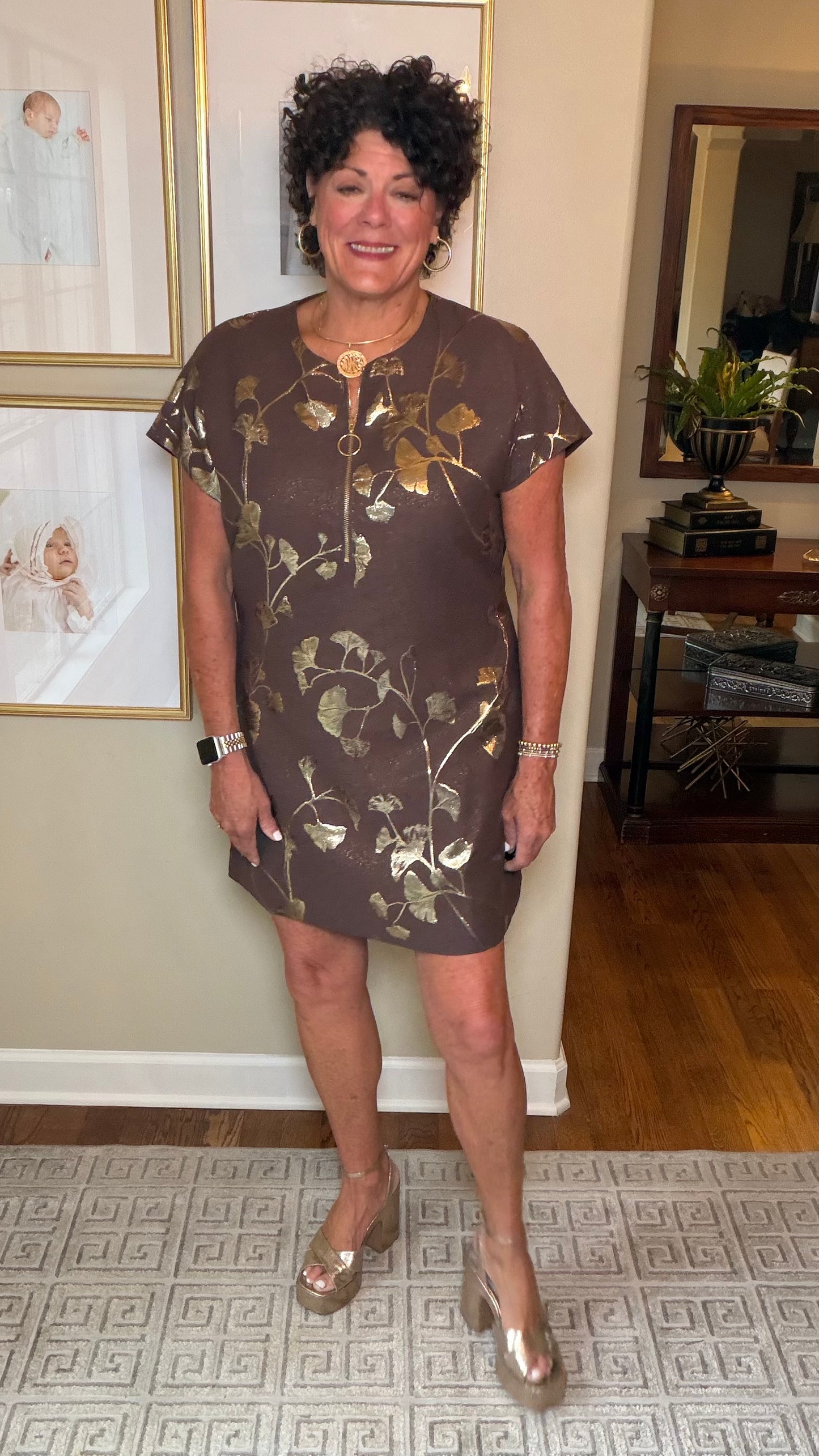 Jade Zipper Shift Dress in brown and gold