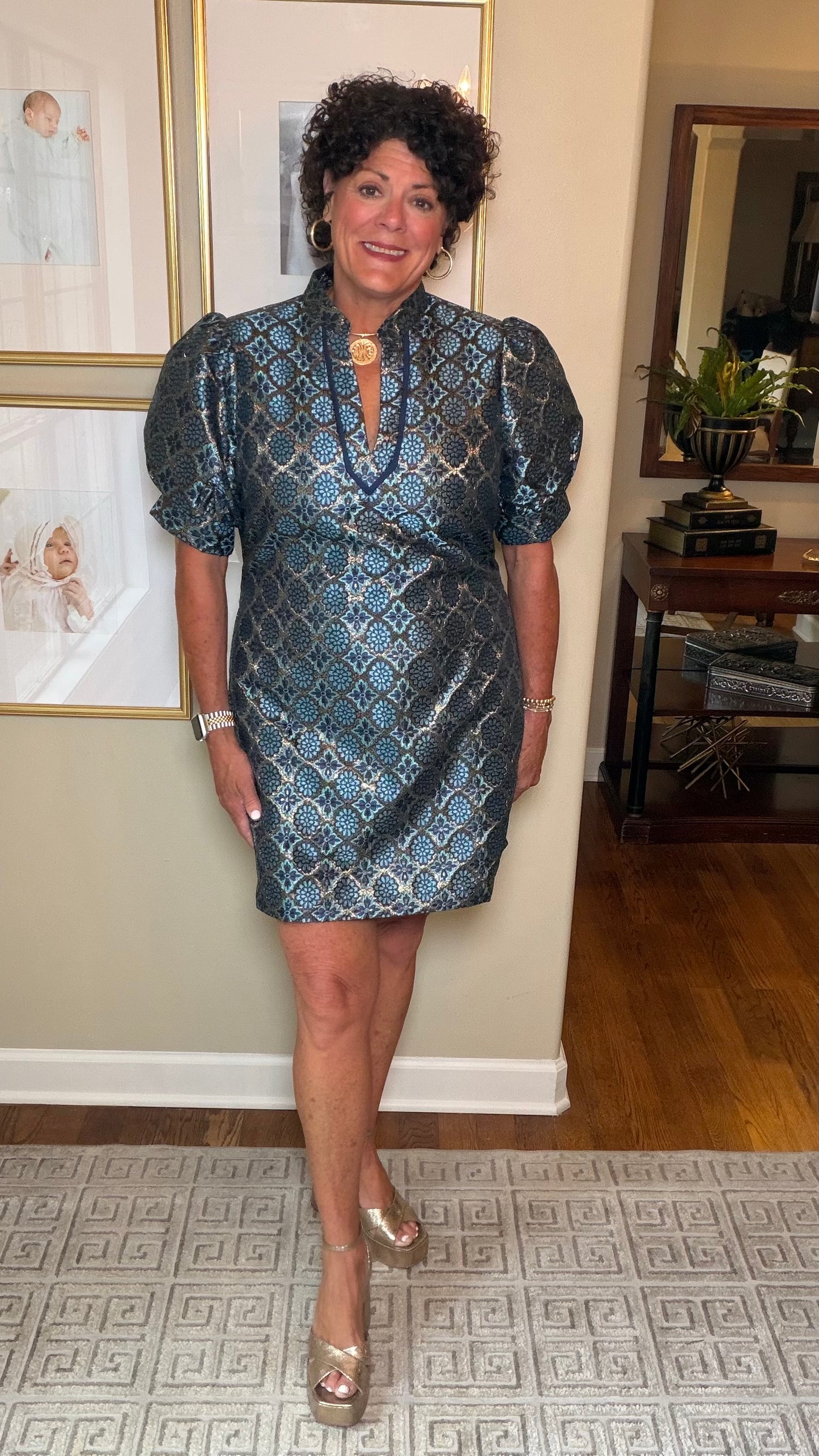 Jade Vneck dress in Blue and Gold