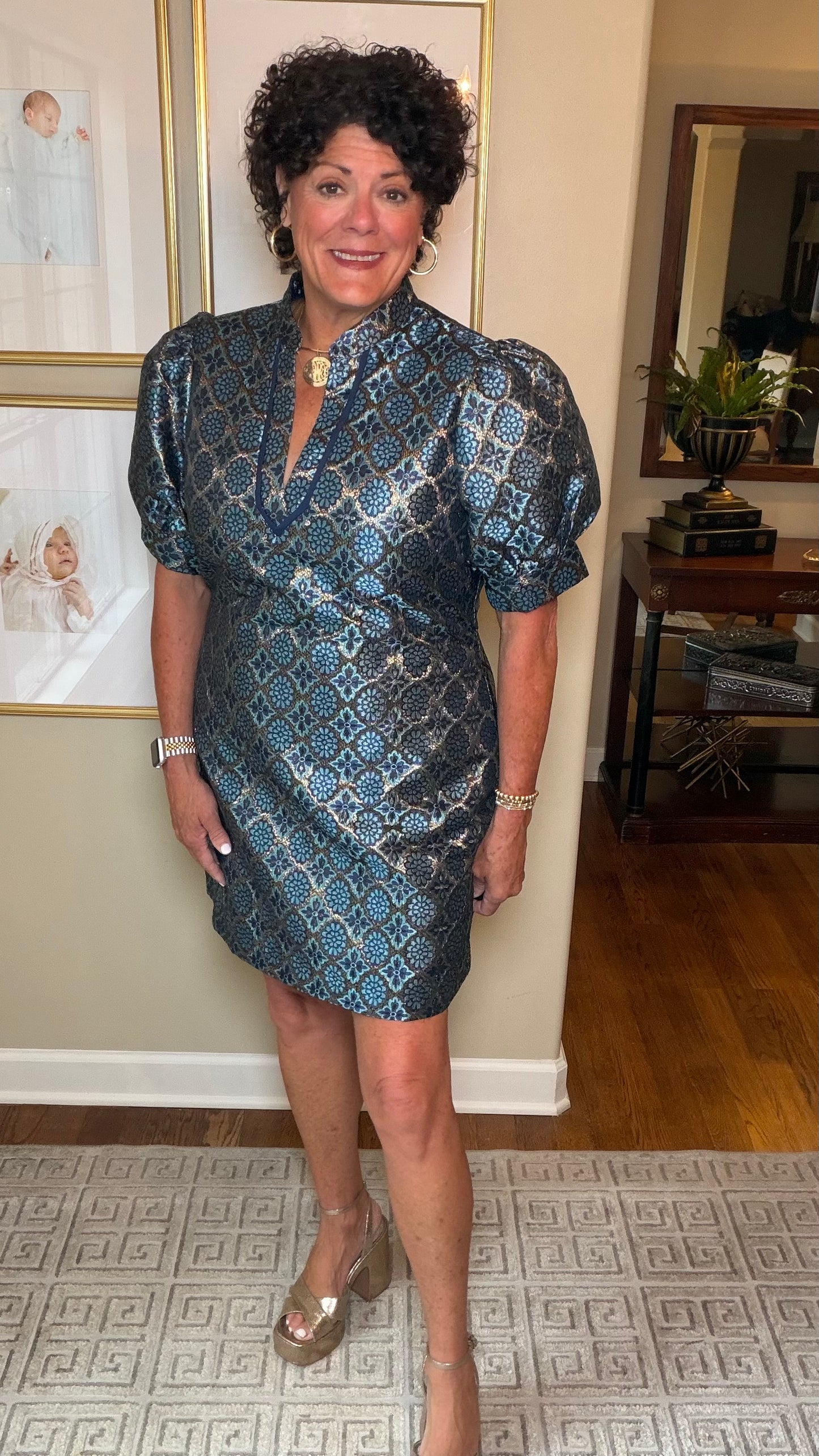 Jade Vneck dress in Blue and Gold