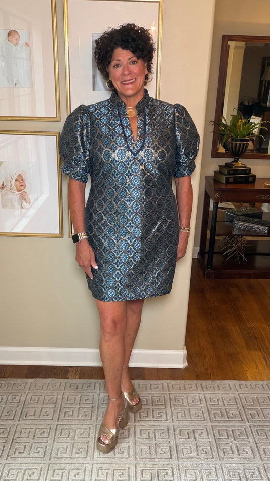 Jade Vneck dress in Blue and Gold