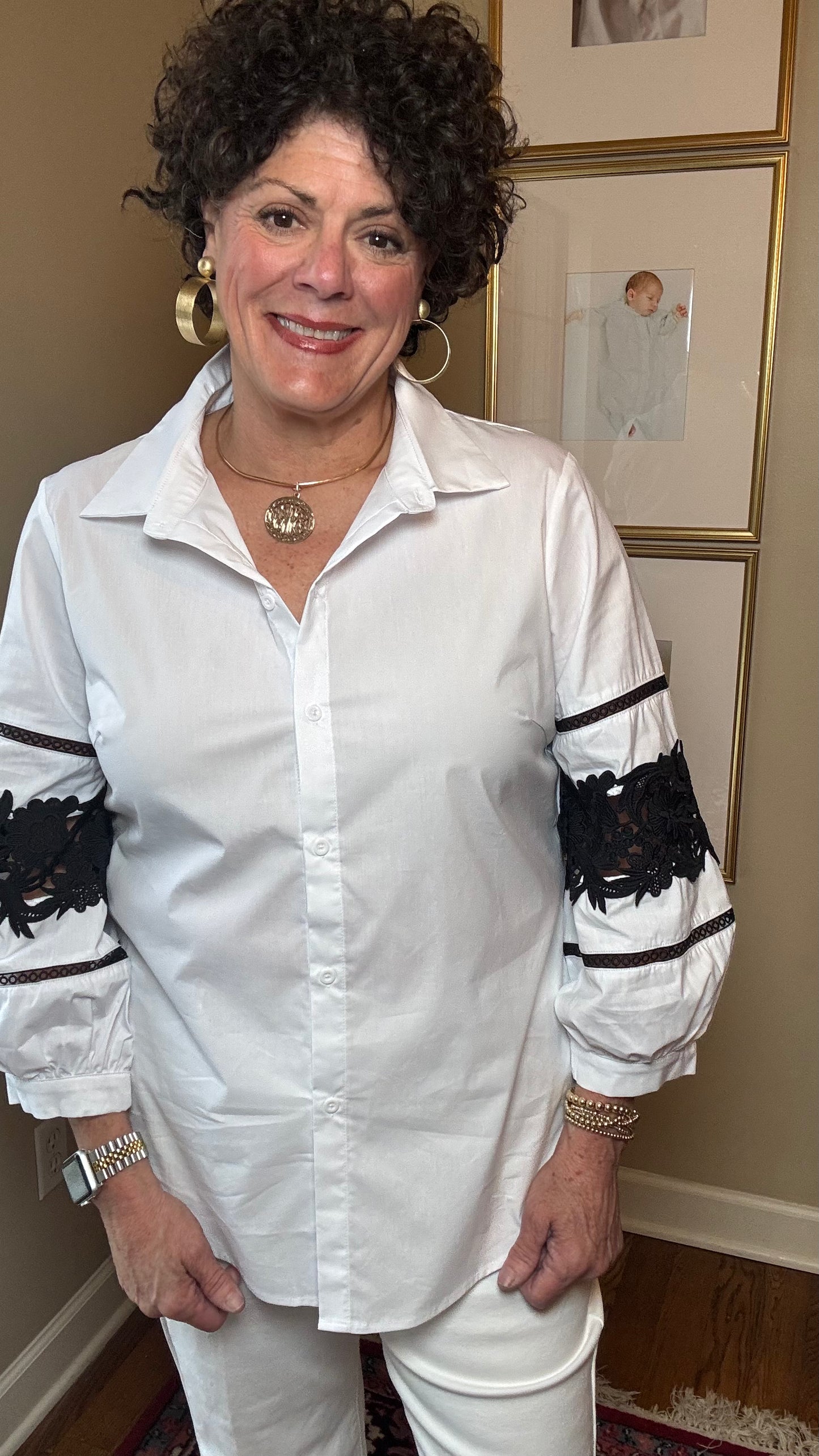 A.Z.I. White Top with Black Lace Sleeve Insert