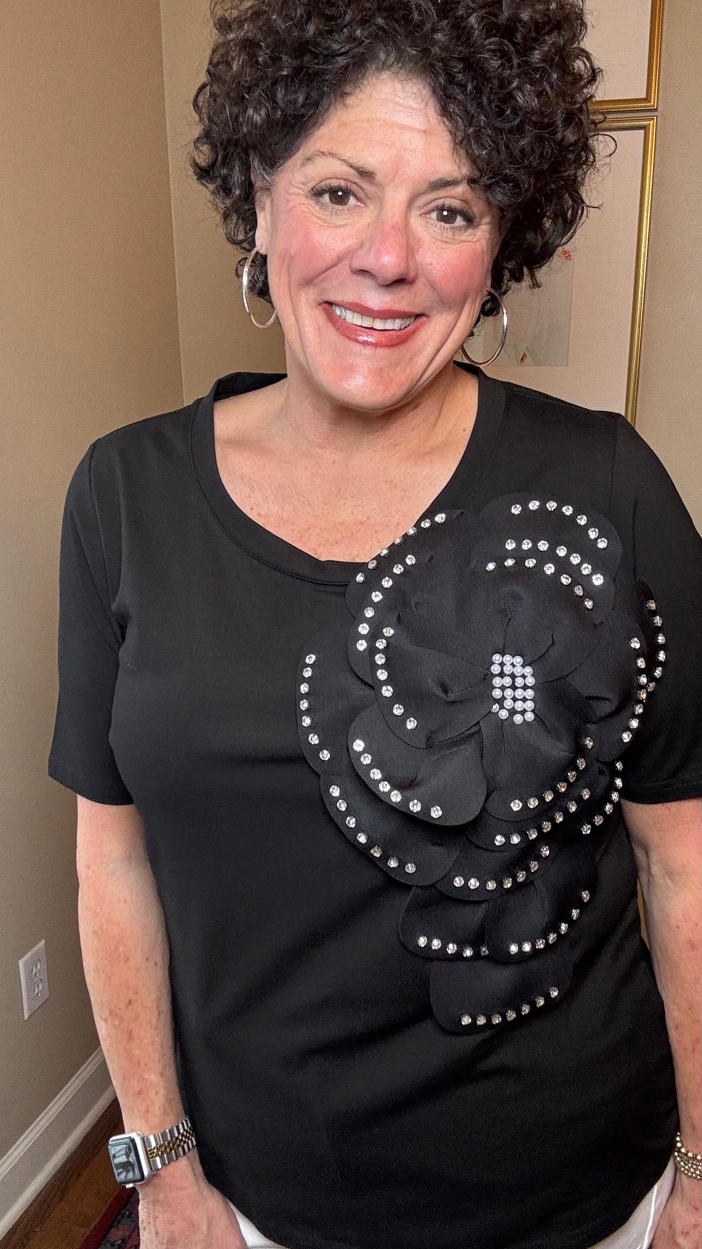 A.Z.I. Black top with Sequin and Pearl Embellishments