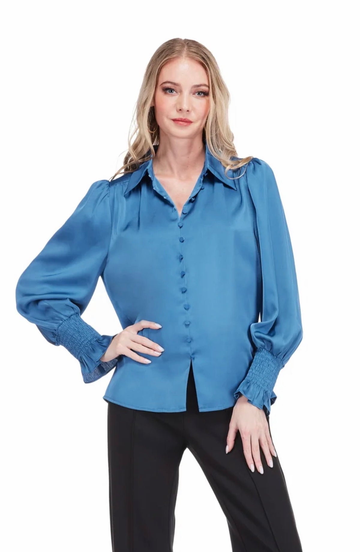 Jade Royal Blue Button Front Blouse