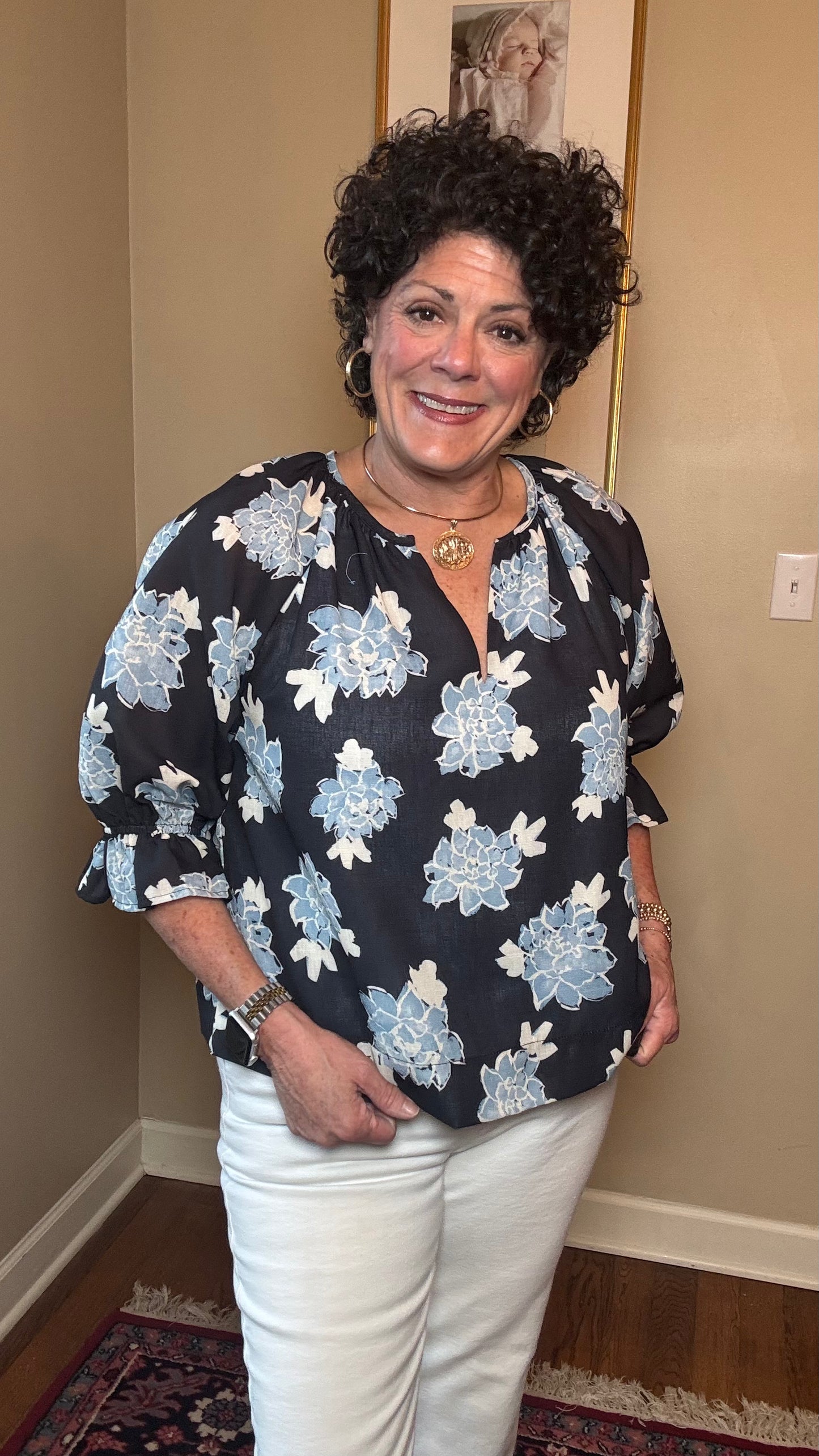 JOY JOY Midnight Floral Peasant Top
