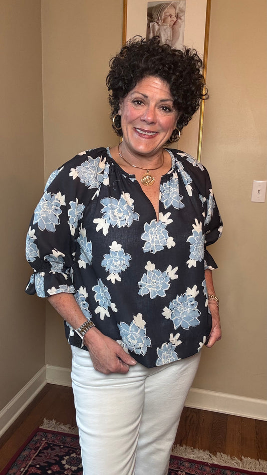 JOY JOY Midnight Floral Peasant Top