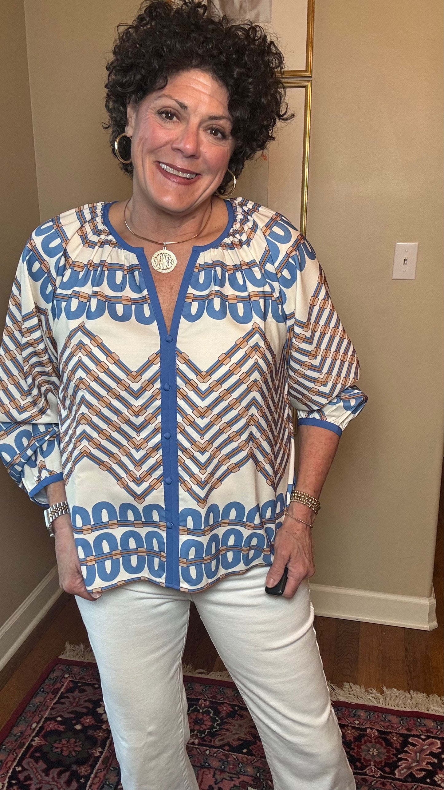 Jade Retro Link Trimmed Peasant Top