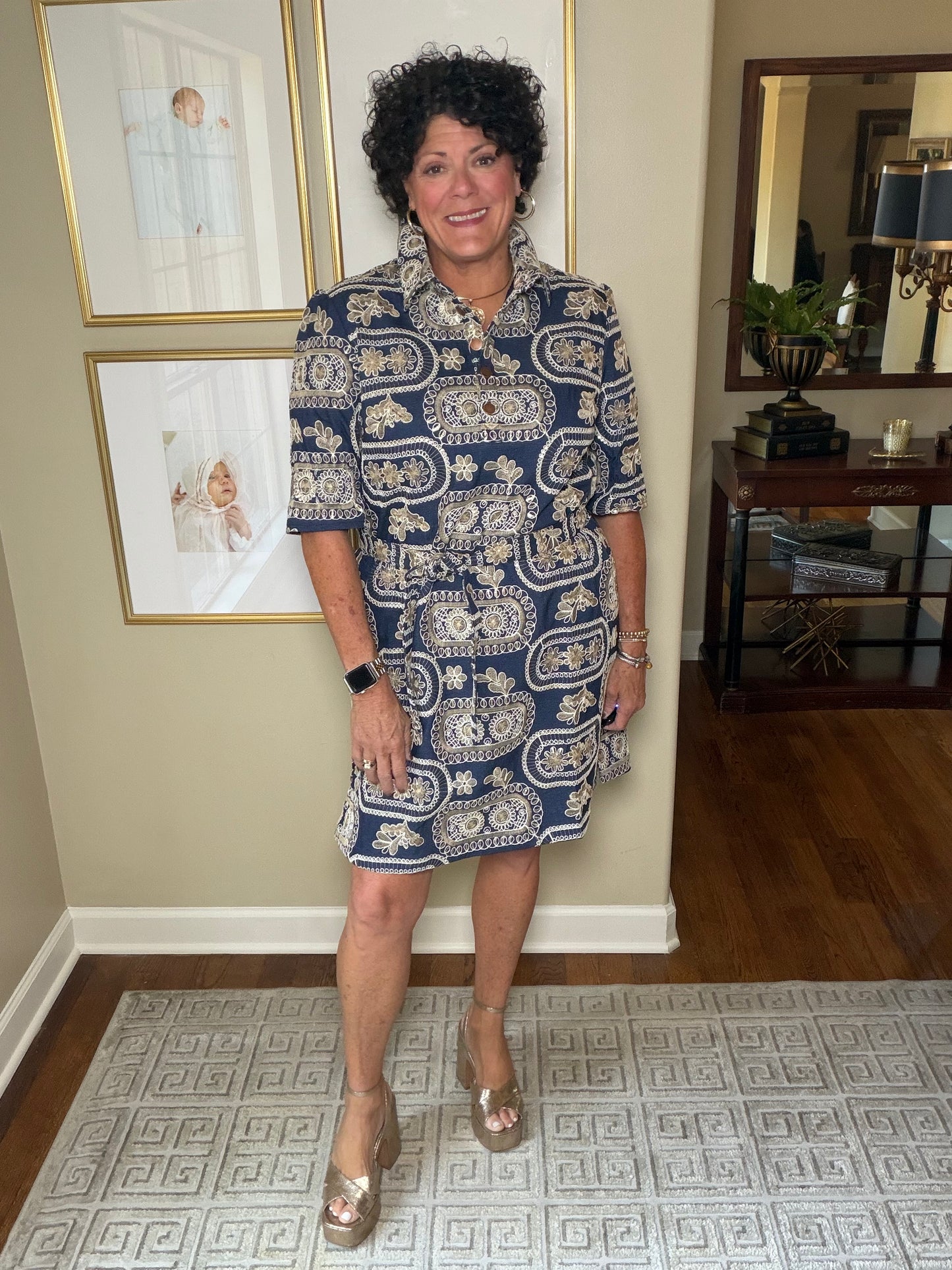 Boho chic denim dress with cream and tan embroidery