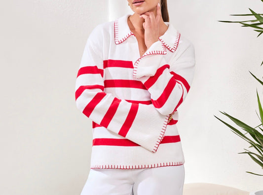 Tribal L/S Polo Sweater with Blanket Stitch