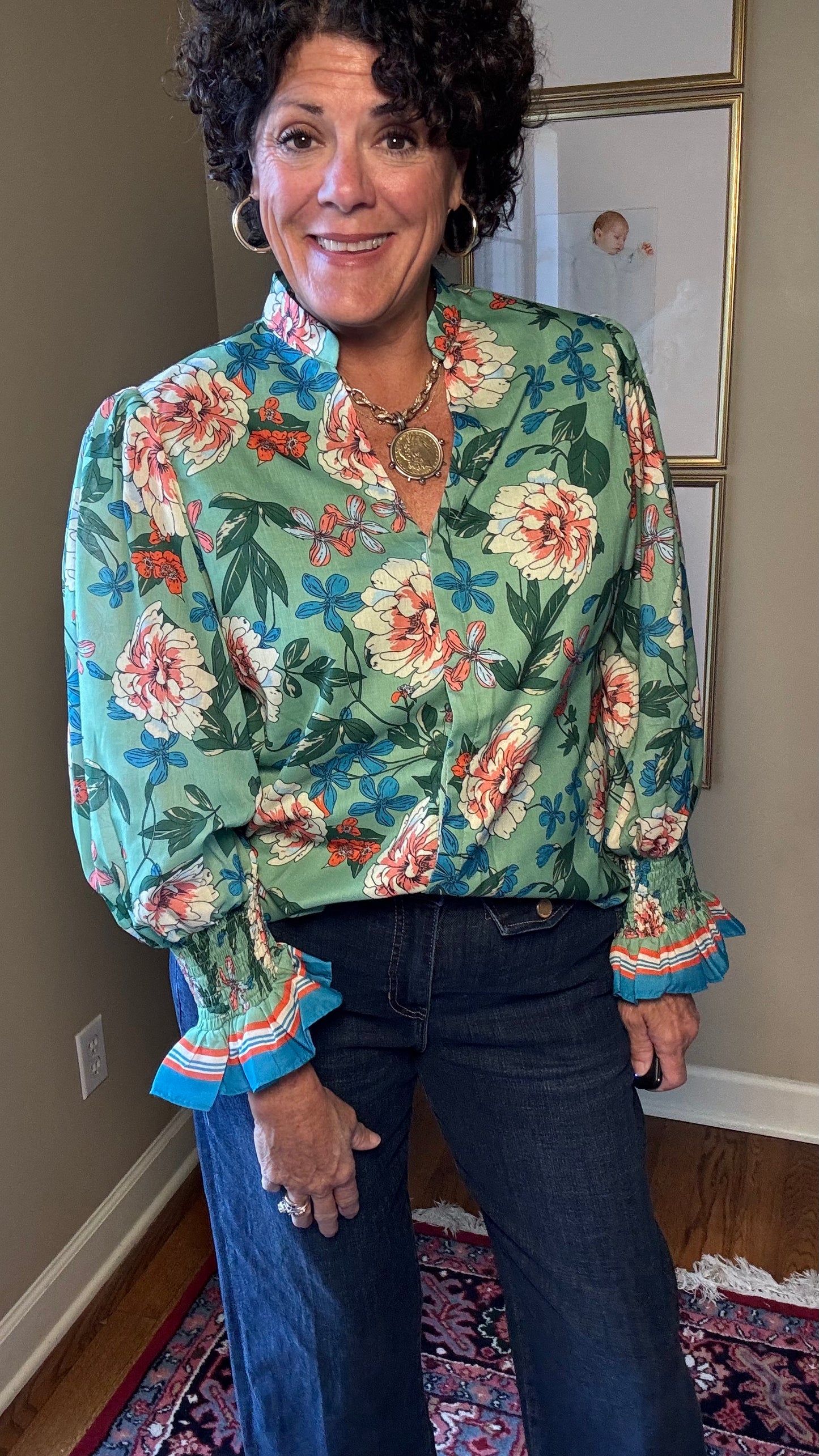 Jade Floral V-Neck Blouse in Green