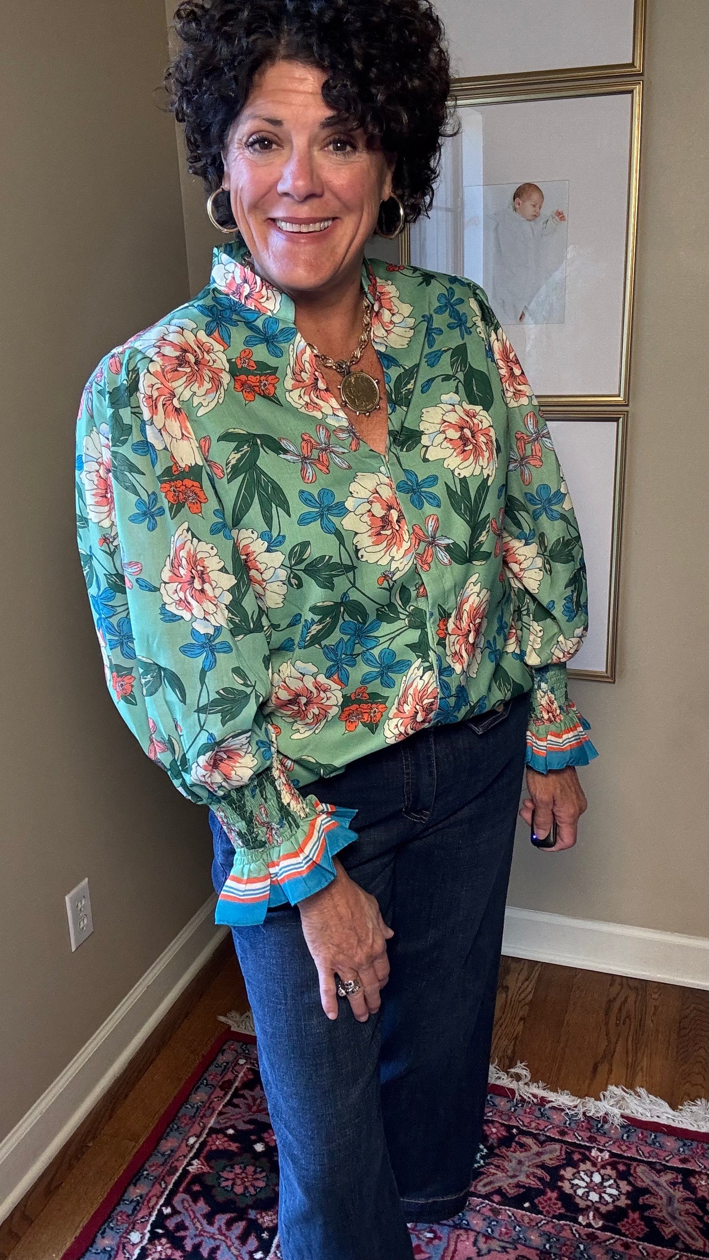 Jade Floral V-Neck Blouse in Green