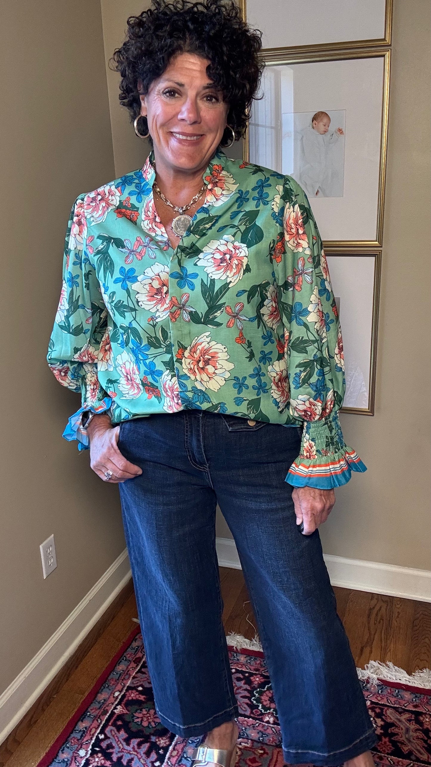 Jade Floral V-Neck Blouse in Green