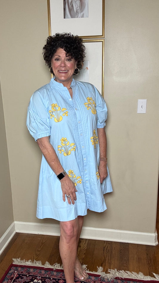Uncle Frank Blocked Embroidery Dress (Blue)