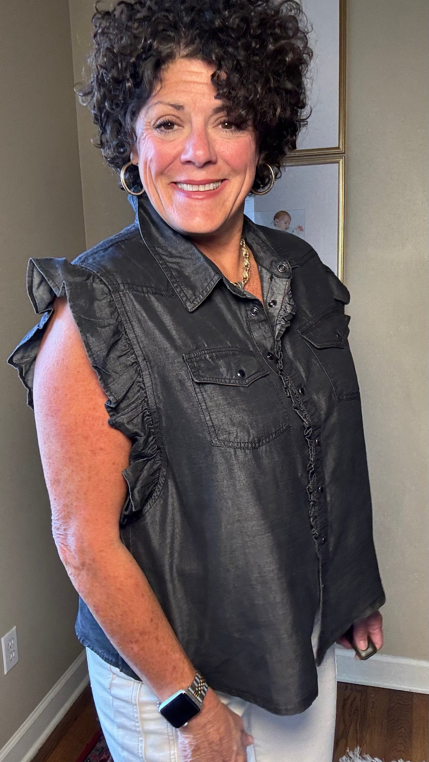 Sister Mary Sleevless Top w/ Ruffle in Charcoal
