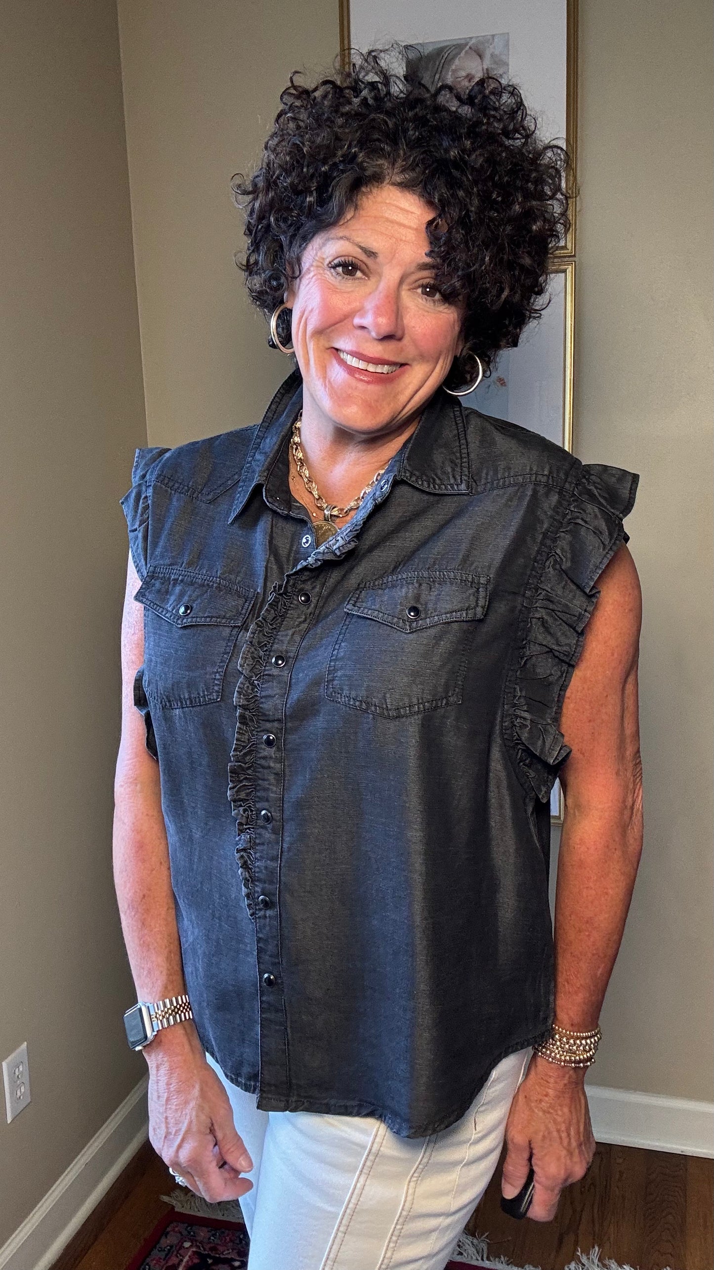 Sister Mary Sleevless Top w/ Ruffle in Charcoal